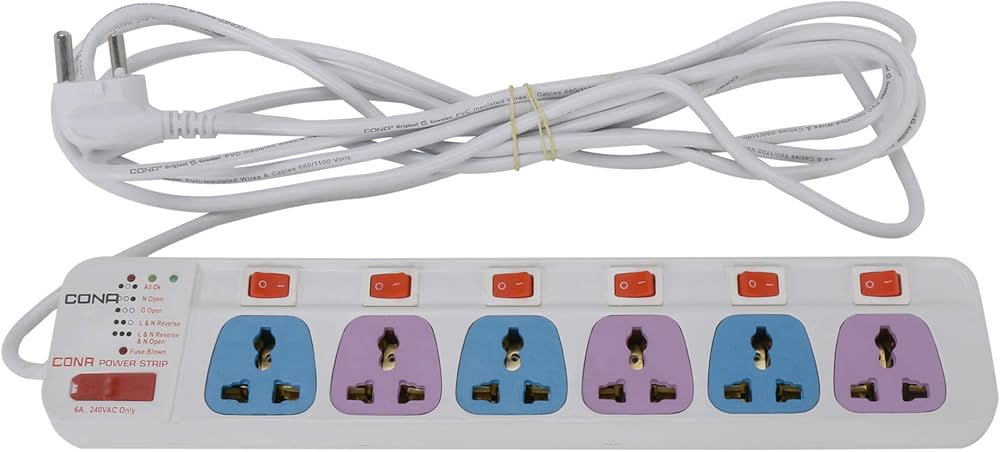 CONA 3336 Colour 240 Volts 6A 6x6 Power Strip with 4 Meter Cable
